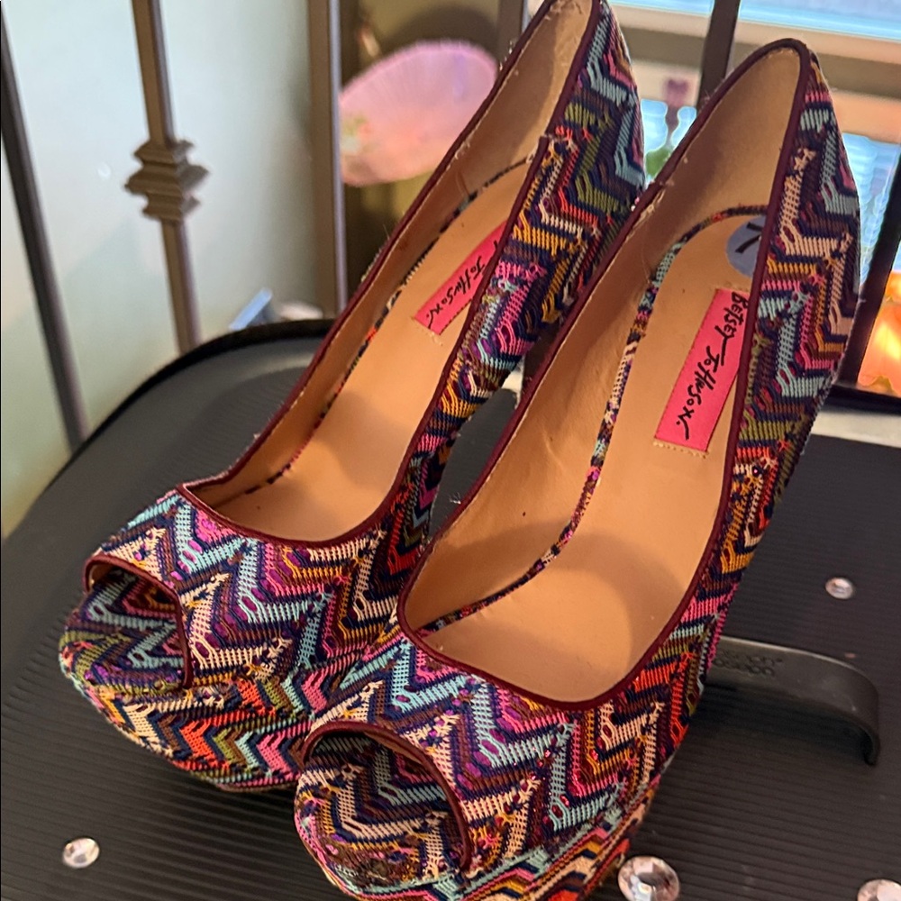 Betsey Johnson Multicolor Chevron Peep-Toe Platform Pumps